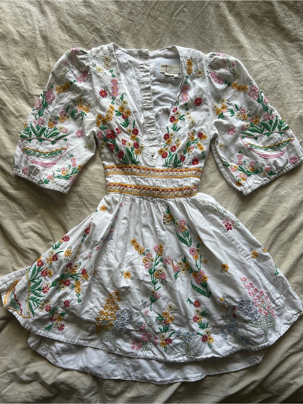 Anthropologie White Embroidered Floral Dress with Smocked Waist